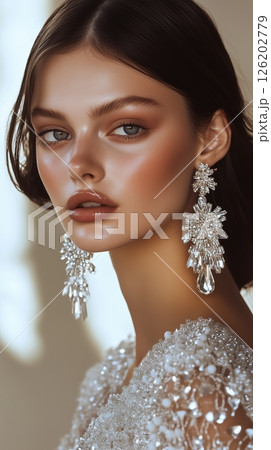 Kazakh model showcases elegant earrings and flawless skin in stunning beauty editorial for fashion magazine 126202779