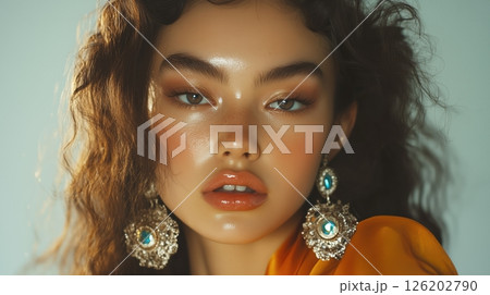 Kazakh model showcases stunning glossy skin and elegant earrings in a Vogue editorial beauty shot 126202790