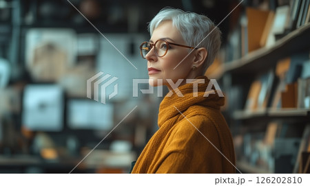 Profile of a stylish 50-year-old woman architect in a modern workspace surrounded by architectural materials and blueprints 126202810
