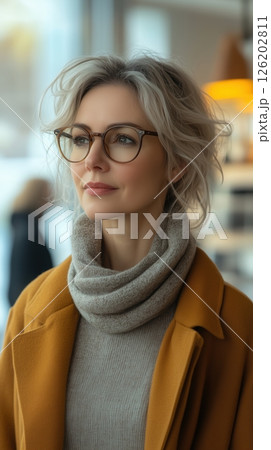 Stylish 50-year-old woman architect gazing thoughtfully in modern interior filled with architectural blueprints and building models 126202811