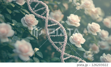 Delicate DNA double helix made of vines and roses in an organic garden setting 126203022