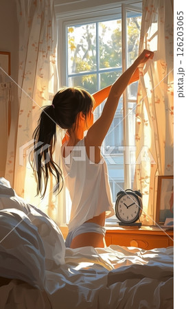 Woman stretching in bed as sunlight fills a serene bedroom, signaling the start of the day 126203065