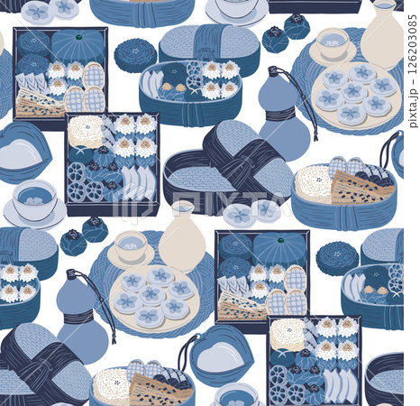 Traditional Korean Lunch Box for Spring Picnic. Seamless Pattern Vector Illustration 126203085