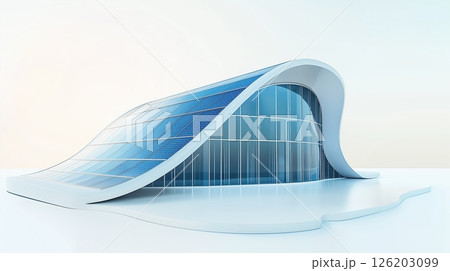 Unique modern architecture featuring curved lines and solar panels in a minimalist setting 126203099