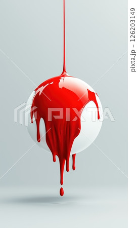 Floating 3D sphere with red paint melting on top against a navy gray background 126203149