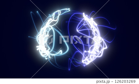 Light blue and white glowing energy ribbons forming a digital sphere with flowing particle streams Light blue and white glowing energy ribbons forming a digital sphere with flowing particle streams 126203269