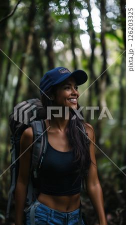 Happy woman enjoys a vibrant hike through the lush jungle in a blue cap and casual attire while carrying a backpack 126203325