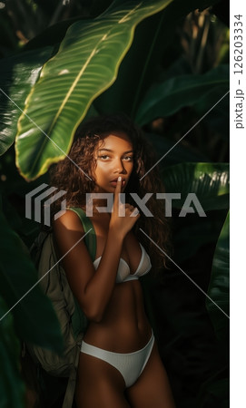 Girl whispering a secret in a dense jungle surrounded by large leaves and dappled sunlight Girl whispering a secret in a dense jungle surrounded by large leaves and dappled sunlight 126203334