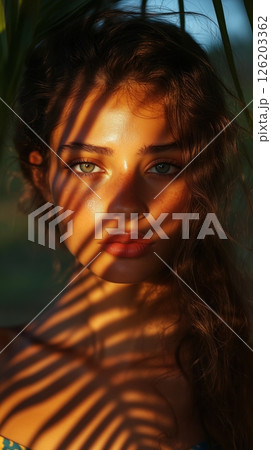 European woman with dramatic shadows on her face, immersed in a vibrant jungle setting, surrounded by lush greenery and palm leaves 126203362