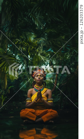 Woman engaging in a serene meditation in a lush jungle environment during a bright day 126203379