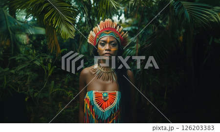 Woman exploring a lush jungle, adorned in vibrant attire, immersed in a thrilling adventure among towering trees and exotic plants 126203383