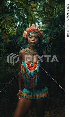 Woman dressed for adventure stands confidently in a vibrant jungle landscape surrounded by lush greenery and exotic plants at midday 126203403