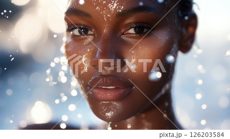 Athletic woman showcasing her radiant skin and captivating eyes while enjoying the refreshing sensation of water on her face 126203584