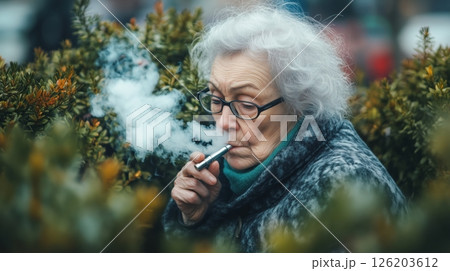 Grandmother enjoying an electronic cigarette while squatting quietly among the bushes in a public area during a chilly day 126203612