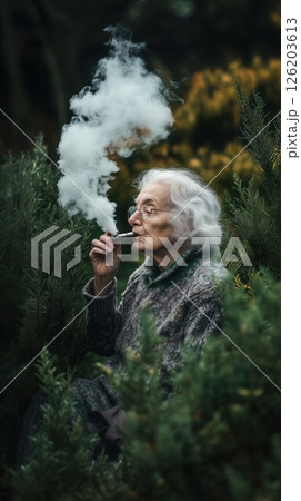 Grandmother enjoys her electronic cigarette while squatting discreetly among vibrant bushes in the garden 126203613
