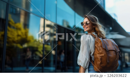Stylish woman in casual attire strolls through a modern city street with a chic brown leather backpack in afternoon light 126203622
