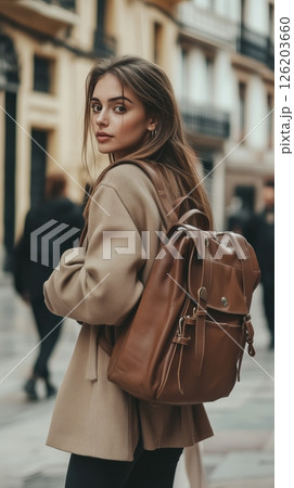 Influencer enjoying the vibrant streets with a brown leather backpack while showcasing a stylish urban look 126203660