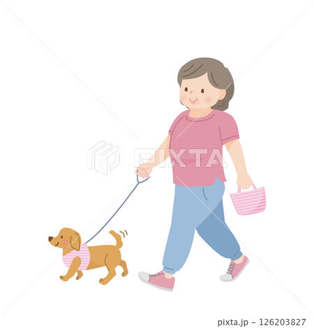 犬の散歩をしている太った中年女性 126203827
