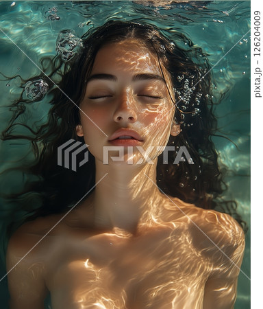 Beautiful American woman swimming gracefully underwater in a serene setting capturing the essence of summer and tranquility 126204009