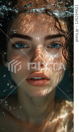 Close up of a woman underwater with floating hair showcasing serene beauty and captivating expressions in a cinematic atmosphere 126204021