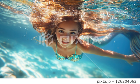 Mermaid princess gracefully swims underwater showcasing her enchanting beauty in a vivid ocean environment 126204062