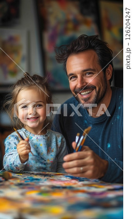 Little girl proudly shows her painting to her father during a creative art session at home 126204247