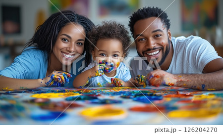 Toddler joyfully creating art with parents during a fun paint activity at home 126204270