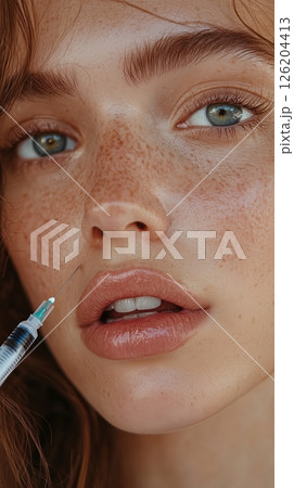 Woman receiving hyaluronic acid injection in beauty salon for enhanced lip volume and youthful appearance 126204413