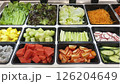 Fresh Vegetable and Fruit Salad Bar Display also included melon, watermelon, tomatoes, celery, beetroot, cabbage, pineapple, dragon fruit, carrot, cucumber 126204649