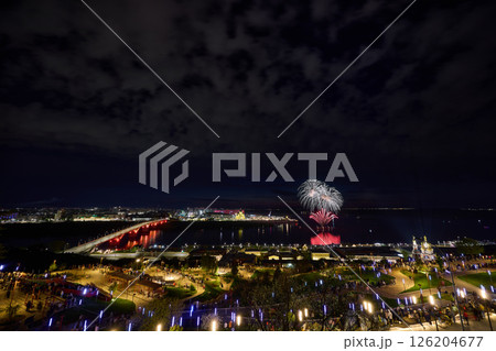 Colorful Fireworks Over Strelka: Kanavinsky Bridge and Alexander Nevsky Cathedral. 9 May 126204677