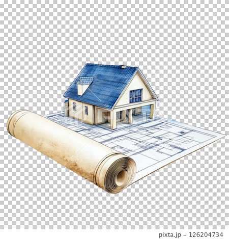 Miniature house model sits on top of architectural blueprints, with rolled up blueprint in foreground. scene represents home design, construction planning, and architectural drafting 126204734