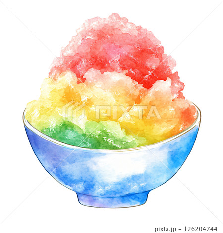 Watercolor illustration of colorful bowl of shaved ice dessert with vibrant red, yellow, green, and blue flavors, creating refreshing and cheerful summer treat 126204744