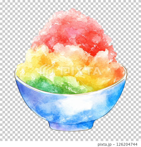 Watercolor illustration of colorful bowl of shaved ice dessert with vibrant red, yellow, green, and blue flavors, creating refreshing and cheerful summer treat 126204744