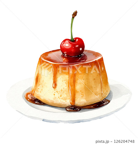 Delicious caramel flan dessert topped with bright red cherry, drizzled with rich caramel sauce, served on white plate, evoking sweet indulgence and dessert craving Delicious caramel flan dessert topped with bright red cherry, drizzled with rich caramel sauce, served on white plate, evoking sweet indulgence and dessert craving 126204748