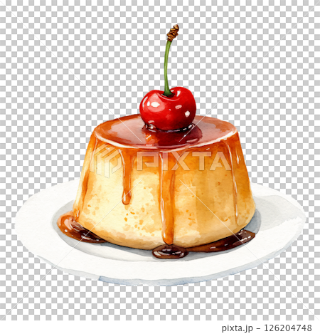 Delicious caramel flan dessert topped with bright red cherry, drizzled with rich caramel sauce, served on white plate, evoking sweet indulgence and dessert craving Delicious caramel flan dessert topped with bright red cherry, drizzled with rich caramel sauce, served on white plate, evoking sweet indulgence and dessert craving 126204748