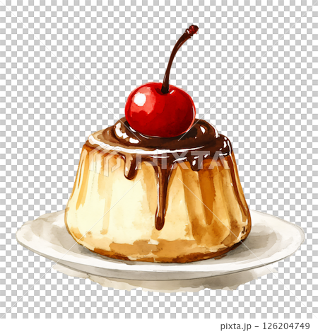 Delicious caramel flan dessert topped with rich chocolate sauce and bright red cherry, served on white plate, evoking sweet and indulgent treat perfect for dessert 126204749