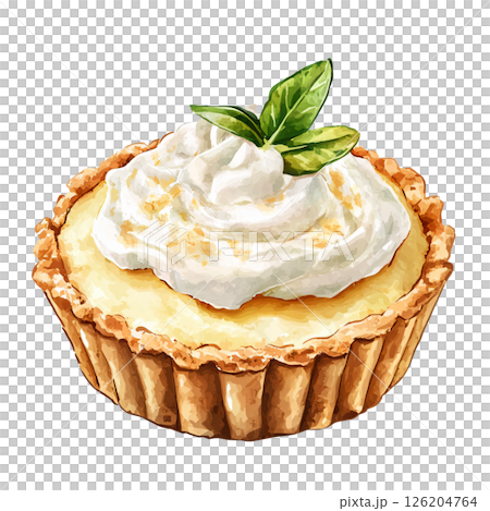 Delicious tart with golden crust, topped with creamy whipped cream and fresh green basil leaves, creating appealing and flavorful dessert presentation 126204764