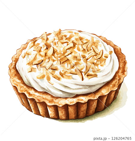 Delicious tart with crispy crust, topped with smooth whipped cream and sprinkled with toasted coconut flakes, looks inviting and perfect for dessert or special treat Delicious tart with crispy crust, topped with smooth whipped cream and sprinkled with toasted coconut flakes, looks inviting and perfect for dessert or special treat 126204765