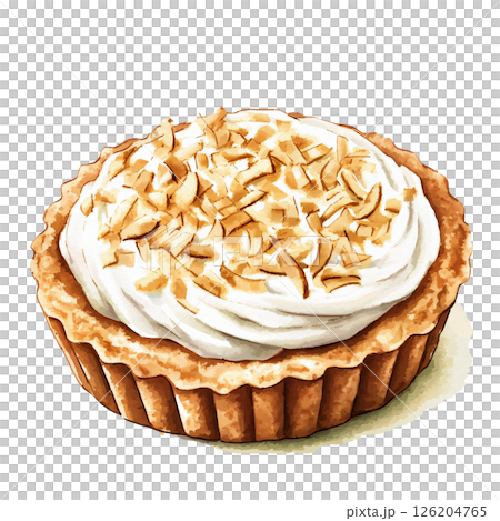 Delicious tart with crispy crust, topped with smooth whipped cream and sprinkled with toasted coconut flakes, looks inviting and perfect for dessert or special treat Delicious tart with crispy crust, topped with smooth whipped cream and sprinkled with toasted coconut flakes, looks inviting and perfect for dessert or special treat 126204765