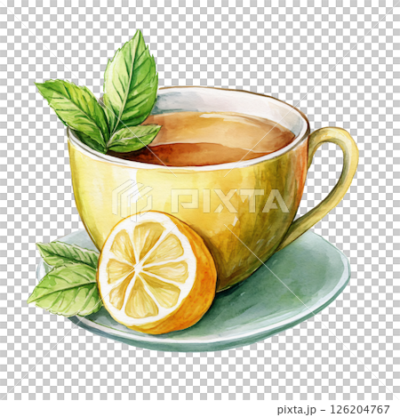 Watercolor illustration of cup of tea with fresh mint leaves, lemon half, and saucer, evoking refreshing and calming beverage experience 126204767