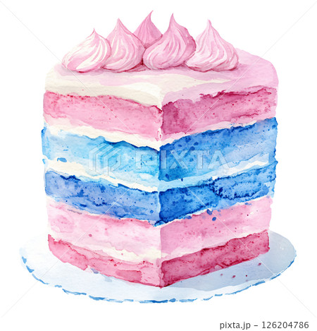 Watercolor painting of colorful layered cake with pink, white, and blue frosting, topped with pink meringue like decorations, evoking festive and cheerful mood 126204786