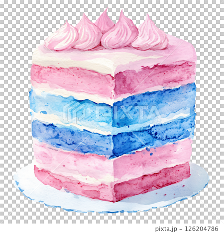Watercolor painting of colorful layered cake with pink, white, and blue frosting, topped with pink meringue like decorations, evoking festive and cheerful mood 126204786