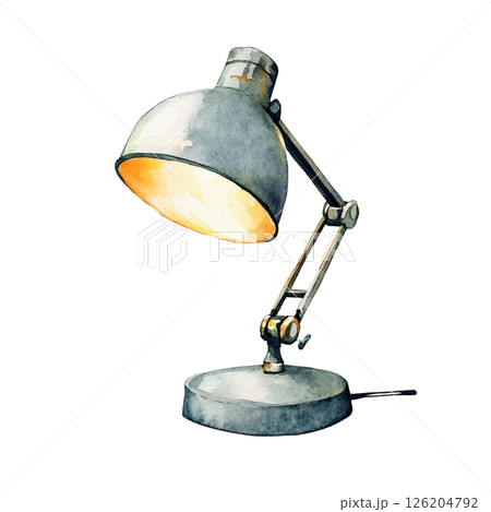 Watercolor illustration of modern adjustable desk lamp with metallic finish, emitting warm light, on round base, ideal for study or workspaces, with sleek and functional design 126204792
