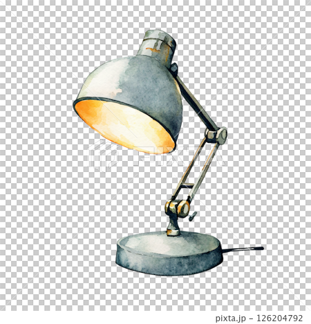 Watercolor illustration of modern adjustable desk lamp with metallic finish, emitting warm light, on round base, ideal for study or workspaces, with sleek and functional design 126204792