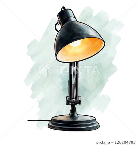 Modern desk lamp with black metal shade and adjustable arm, emitting warm light, set against watercolor background, creating cozy and stylish workspace ambiance 126204793