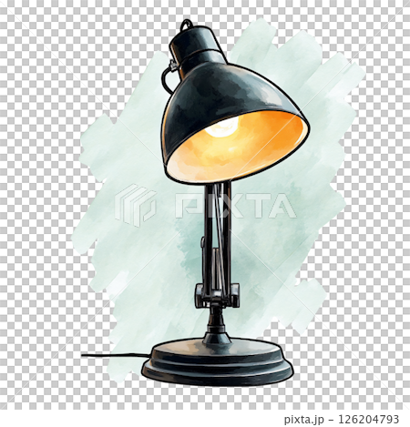 Modern desk lamp with black metal shade and adjustable arm, emitting warm light, set against watercolor background, creating cozy and stylish workspace ambiance 126204793