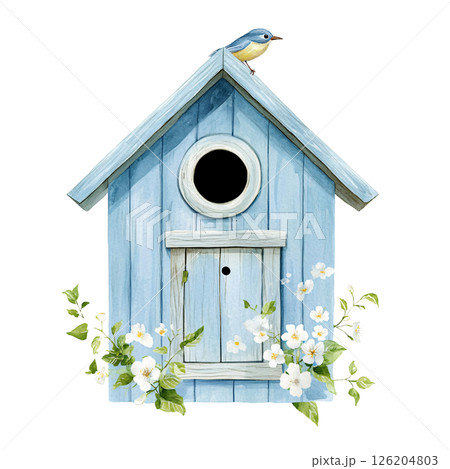 Blue birdhouse with white flowers and small bird perched on top, set against plain background, evoking peaceful and charming garden scene 126204803