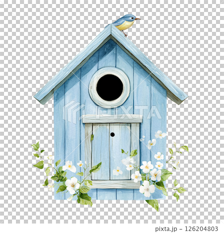 Blue birdhouse with white flowers and small bird perched on top, set against plain background, evoking peaceful and charming garden scene 126204803