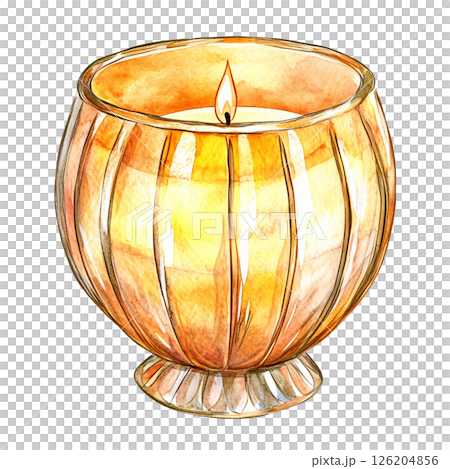 Watercolor illustration of lit candle in decorative glass holder, emitting warm glow with orange and yellow hues, creating cozy and peaceful atmosphere 126204856