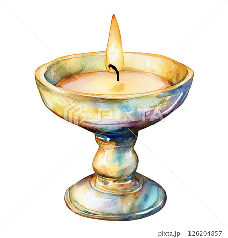 Watercolor painting of lit candle in decorative holder, creating warm and peaceful atmosphere with soft, blended colors and gentle shading 126204857